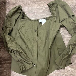 NWT The Shirt by Rochelle Behrens Green No Gape with Gathered Sleeves- Size S